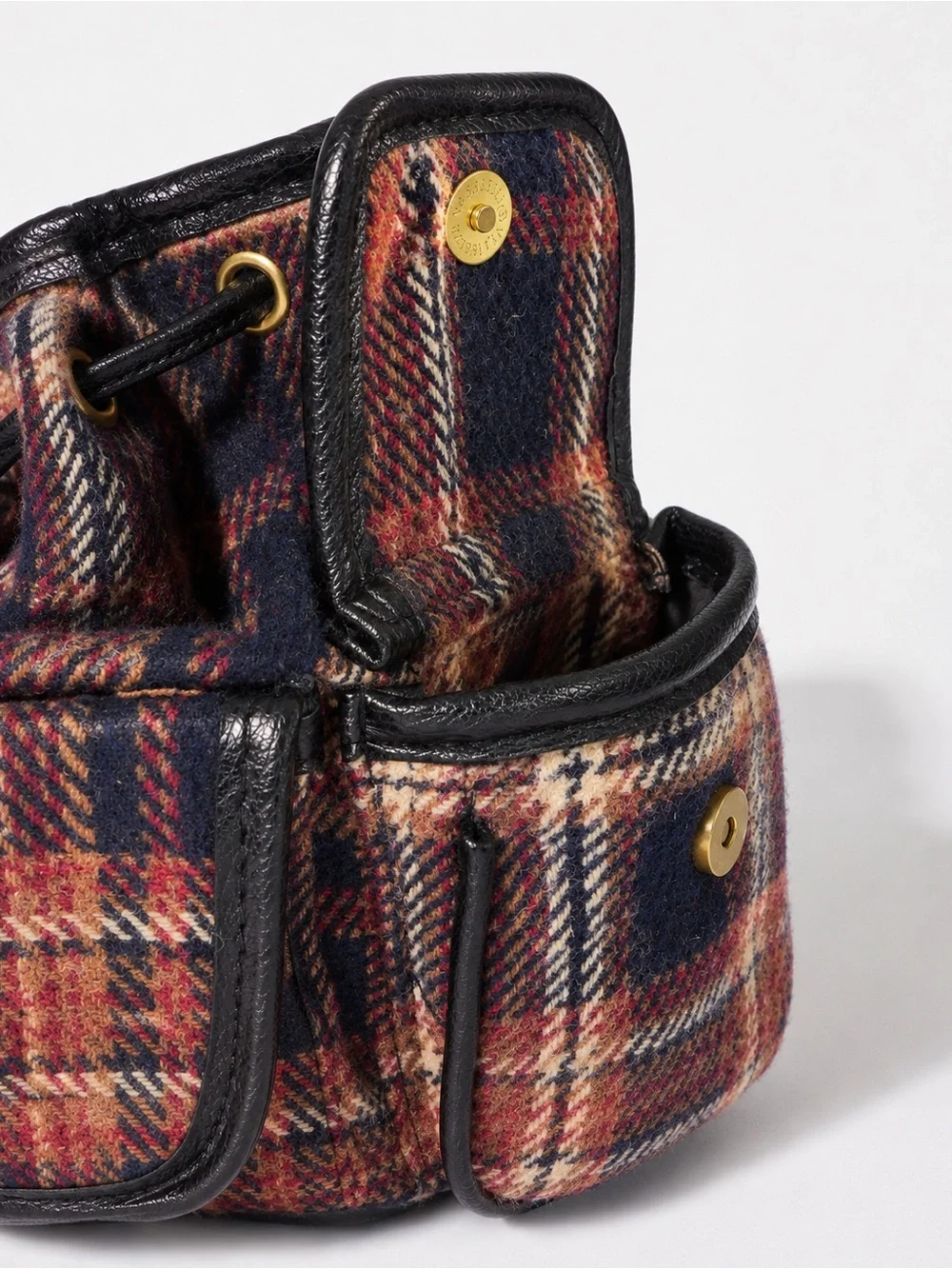 Madden Girl Navy Blue, Tan and Red Plaid Mini Backpack with Gold Hardware